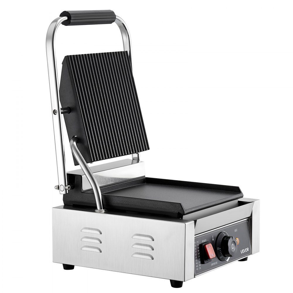 Komercyjny grill kontaktowy 1800 W Grill elektryczny Opiekacz do kanapek Prasa Panini ze stali nierdzewnej z uchwytem i regulacją temperatury, płaska emaliowana płyta 22 x 23 cm (pojedyncza) do steku z bekonem i hamburgerem