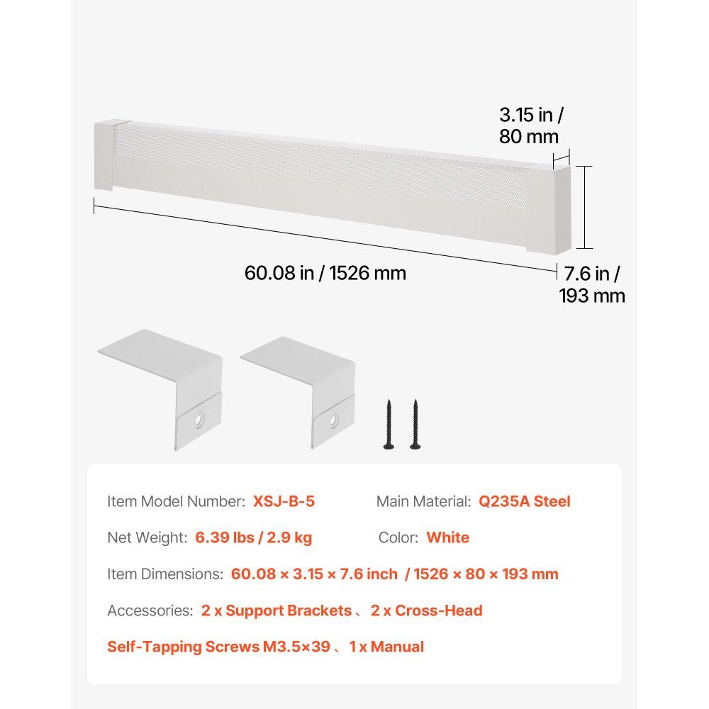Heater Covers Basic Series 1526 x 80 x 193mm Standard Electric Radiator Front Cover Heavy Duty Steel Replacement Cover for Bedroom White