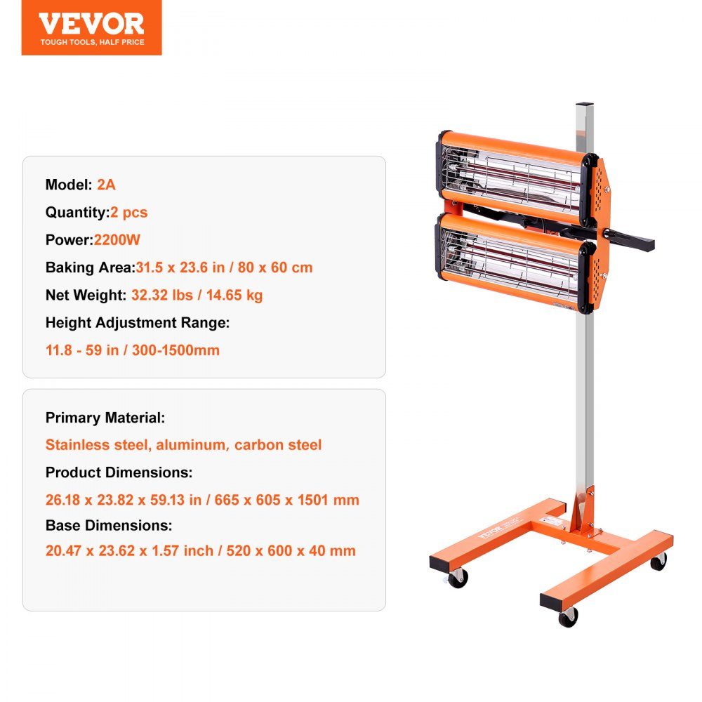 Infrared curing lamp, 2200W, 1-60 min time setting, automatic curing lamp with automatic heater and holder, 47.6 m² baking area, spray booth heaters, paint dryer
