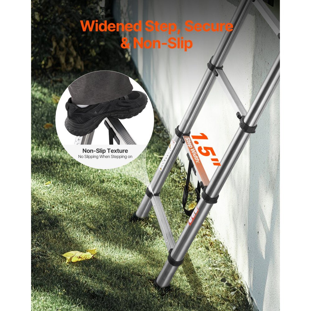 Telescopische ladder, 100 inch lange roestvrijstalen verlengladder, vouwladder met 150 kg laadvermogen (75 °) en antislipvoeten, draagbare 9-staps ladder voor thuis, camper, zolder