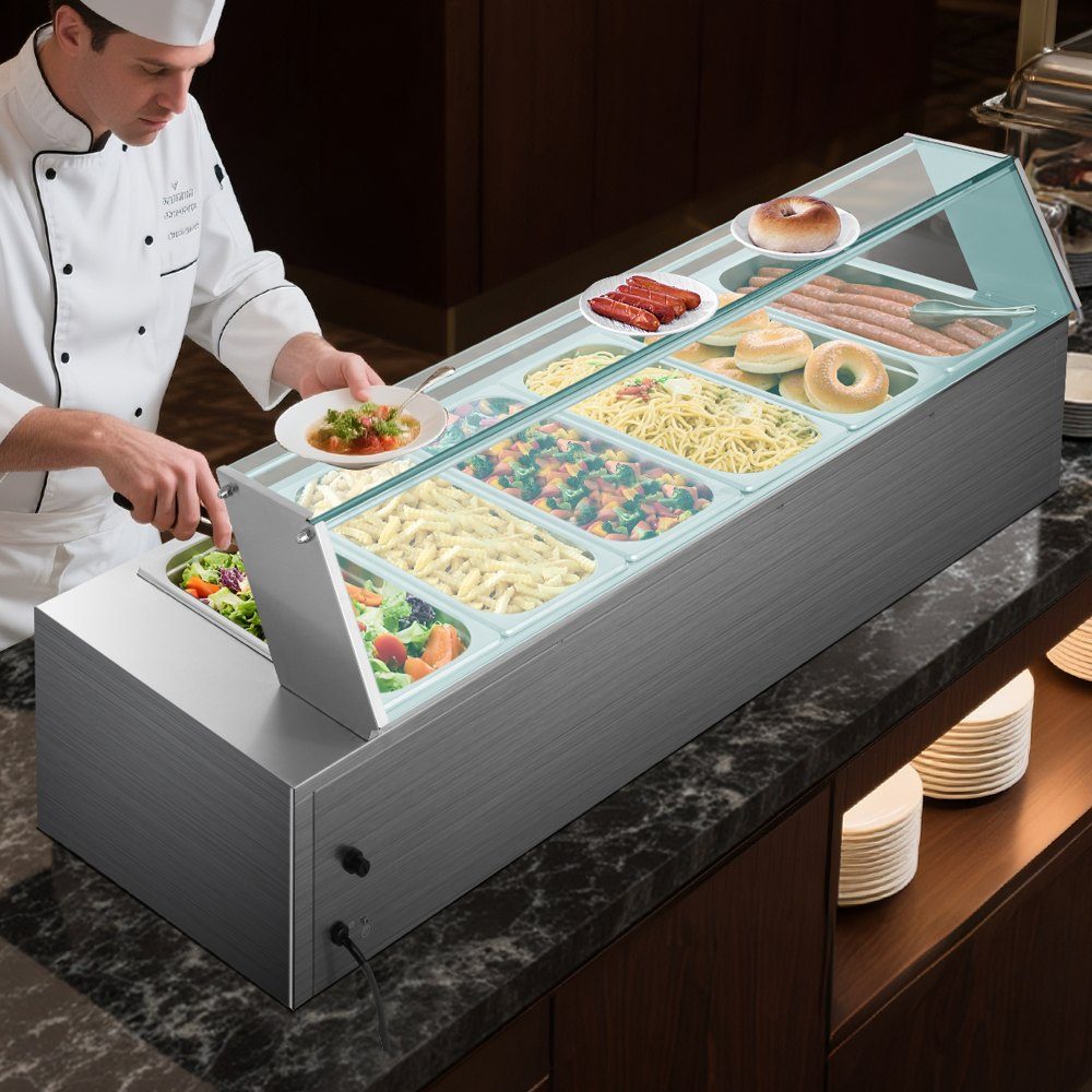 Commercial Food Warmer (6 Size 1/3 Containers), 1.5KW Stainless Steel Electric Warming Container with Glass Cover and Soup Ladle, Chafing Dishes for Catering Restaurant Parties
