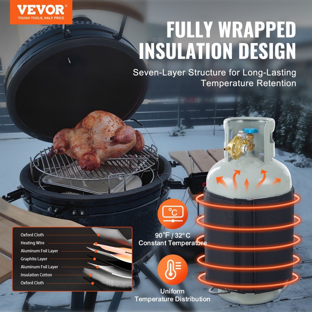 Insulated band style gas bottle warmer, fits 40lb gas tanks, 120W propane heater, fixed internal thermostat, maximum temperature 90°F, durable waterproof oxford fabric, CE approved