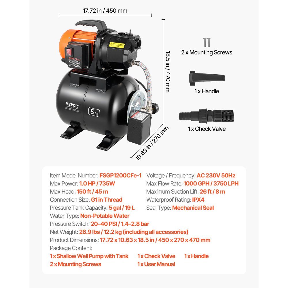 Aqueduc domestique Pompe à jet 735 W, 3750 L/h avec réservoir sous pression de 19 L, hauteur de refoulement de 45 m, avec système d'alimentation en eau automatique et tête de pompe en fonte, pour l'irrigation du jardin et l'approvisionnement en eau domest