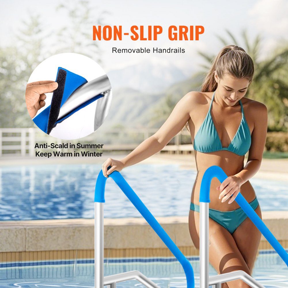 Pool Handrail 1379 x 925 x 100mm Stainless Steel Pool Entry with Base Plate for Indoor/Outdoor Pools, Swimming Pool Safety Railing, Rustproof Grab Bar with Handle Cover and Spa Accessories