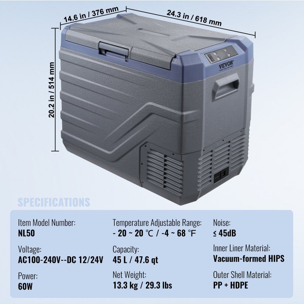 Car Fridge, 12V Car Fridge, 45L Portable Single Zone Freezer with Built-in Lighting, -20°C to 20°C, 12/24V DC and 100-240V AC Compressor Cooler for Outdoor, Camping, RV