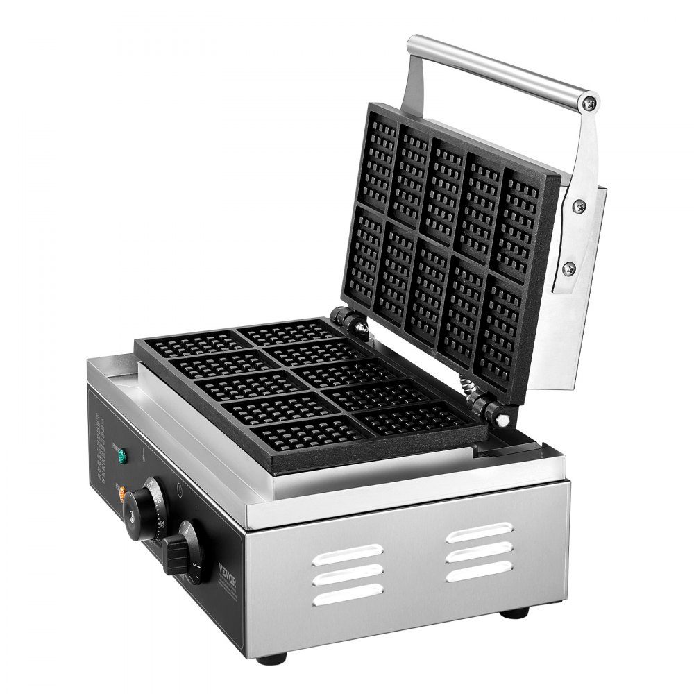 Kommerzielles Waffeleisen, 1550 W, antihaftbeschichtetes Waffeleisen aus Edelstahl mit Temperatur- und Zeitkontrollgriff, für Restaurant, Bäckerei, Snackbar, Familie, 10 rechteckige Waffeln