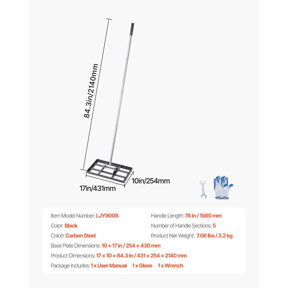 Lawn Squeegee Leveling Rake with 78" Handle, 17" x 10" Base Plate, Rust Resistant Carbon Steel Leveling Rake, 5 Adjustable Heights, Lawn Leveler for Yard and Golf Course