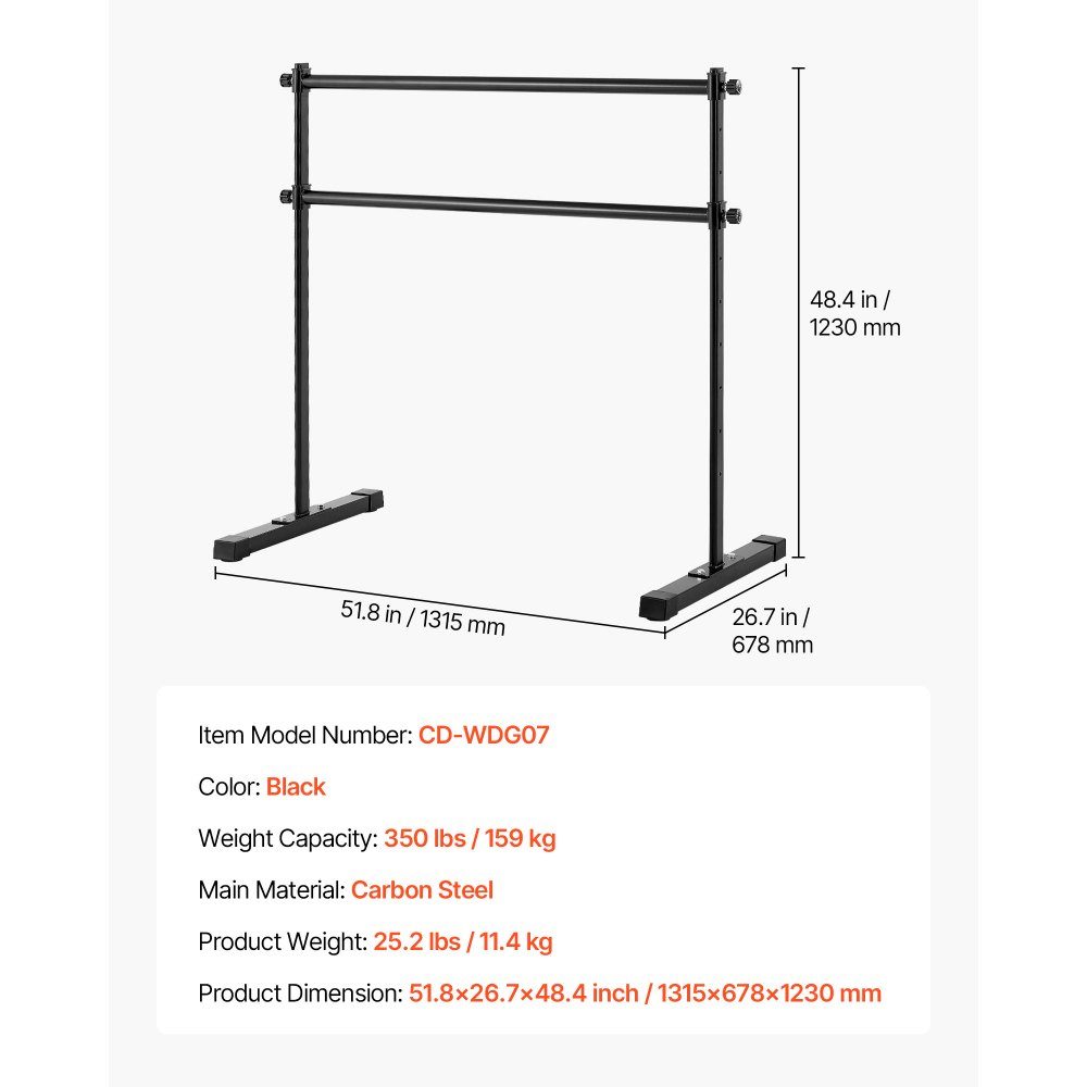 Ballet bar dance bar free-standing double bar, height adjustable (10 levels / 290-1205 mm) metal stretching bar for ballet exercises, balance training, relaxation exercises, portable
