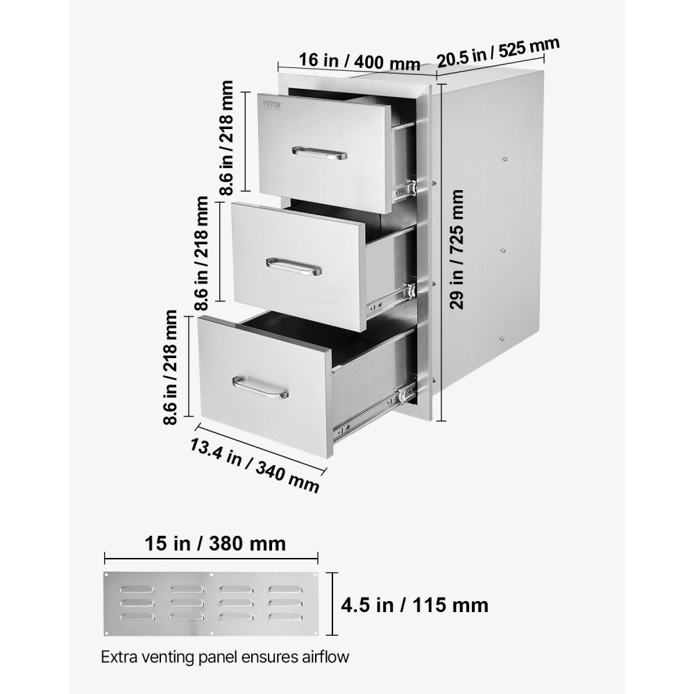 Buitenkeukenladen 16"B x 28,5"H x 20,5"D, roestvrijstalen verzonken grillladen met drievoudige toegang en handgreep, grilleilandladen voor buitenkeukens of terrasgrillstations