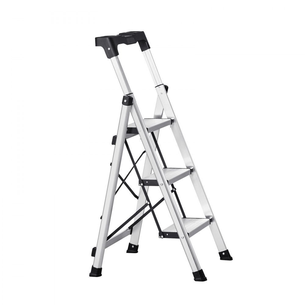 Trittleiter 3 Stufen, Klappleiter mit Anti-Rutsch-Stufen & komfortablem Griff, Haushaltsleiter Tragkraft 150 kg, Trittleiter aus Aluminium, Sicherheitsleiter für Küche, Lager, Haus & Büro