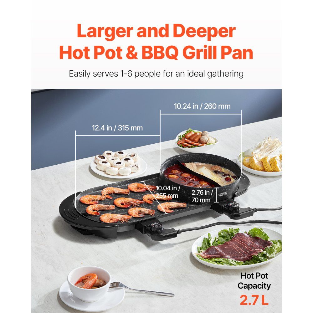Hot Pot with Grill, 2200W 2-in-1 Electric Smokeless Grill and Hot Pot, Korean BBQ Shabu Dutch Oven with Separate Dual Temperature Control and Non-Stick Pans