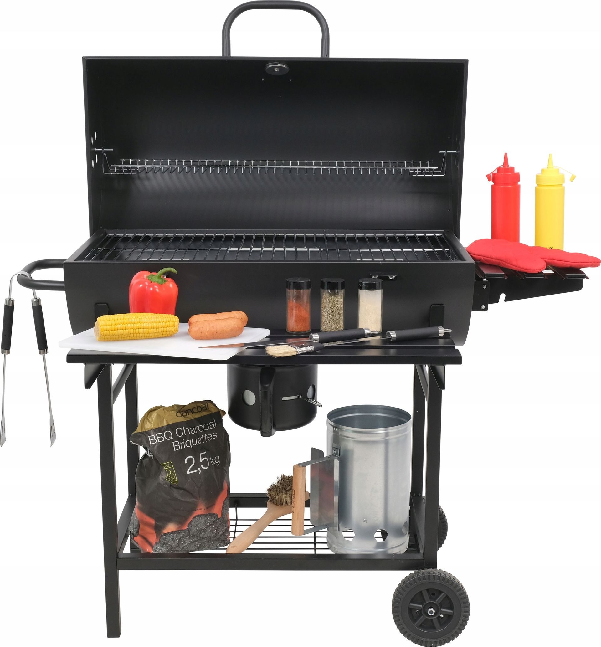 Grill de jardin avec couvercle, grille à charbon, 3 étagères