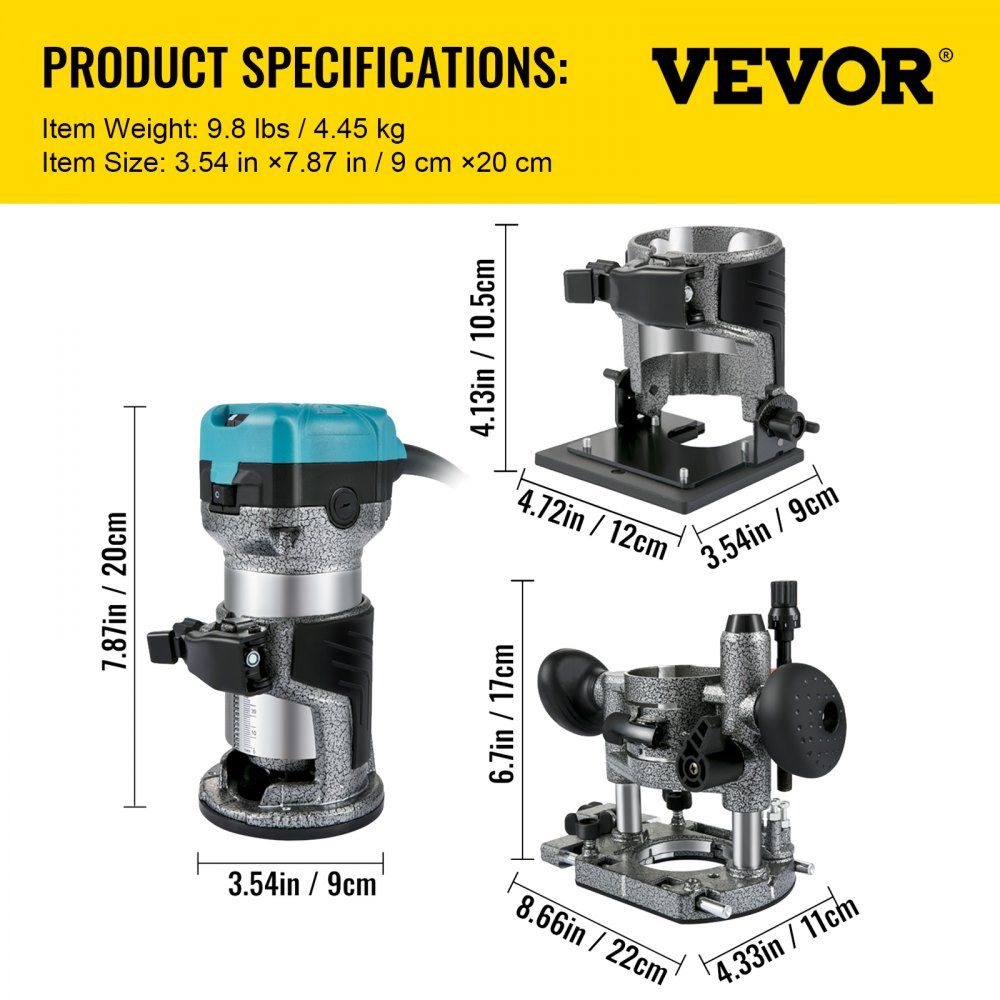 One-hand wood router 710 W, electric hand wood router 33000 rpm, fixed base, tilt foot, immersion base, 3 collets, cutter 6.35 / 8 mm included, curve stop, edge router