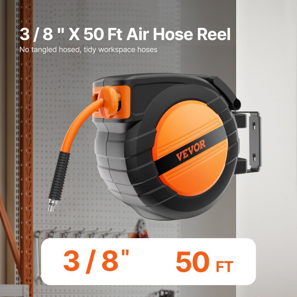 Compressed Air Hose Reel, 9.52mm x 50ft Air Hose, Max 300 PSI, Auto Rewind Hose Reel, Ceiling/Wall Mount, Enclosed PP Reels and 180° Rotating Bracket