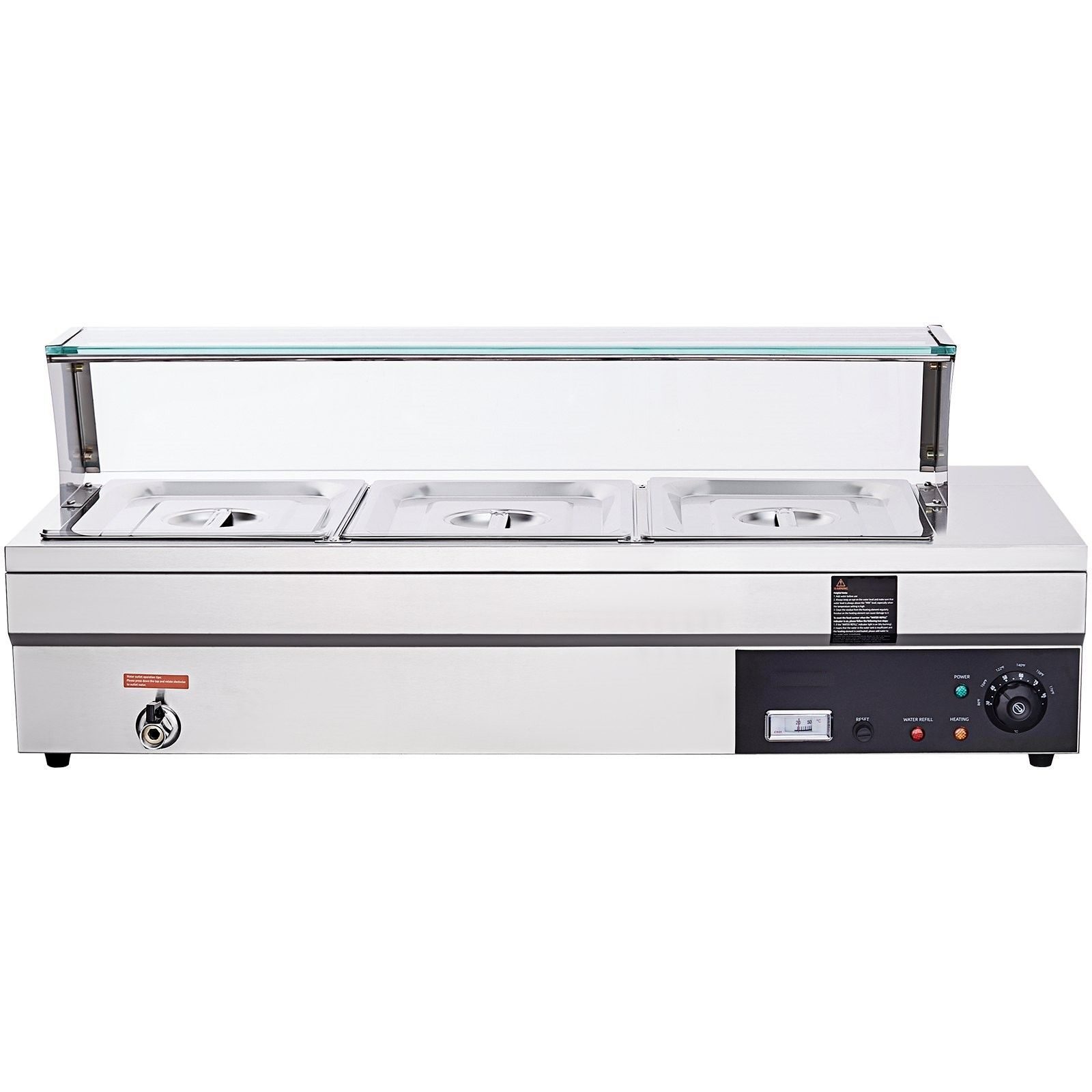 RVS buffetverwarmer, voedselverwarmer, buffetcontainer. Elke verwarmingsplaat kan worden gebruikt, inclusief glazen deksel, aftapkraan en droogbrandindicator, voor kantine, café etc. Chafing Dish