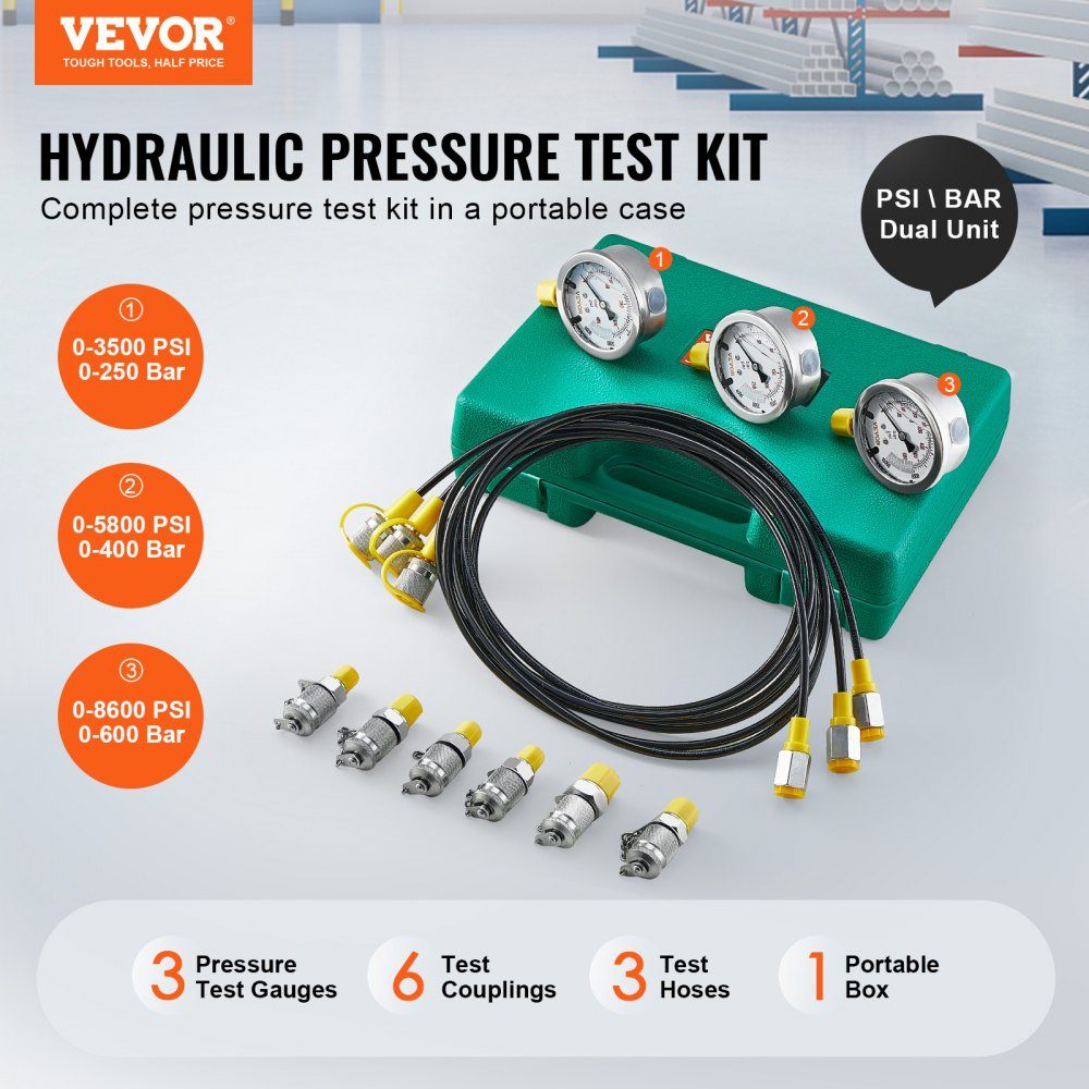 Hydraulic Pressure Test Kit, 250/400/600 Bar, 3 Gauges, 6 Test Couplings, 3 Test Hoses, Excavator Hydraulic Test Gauge Set with Portable Carry Bag for Excavators, Tractors, Construction Machinery