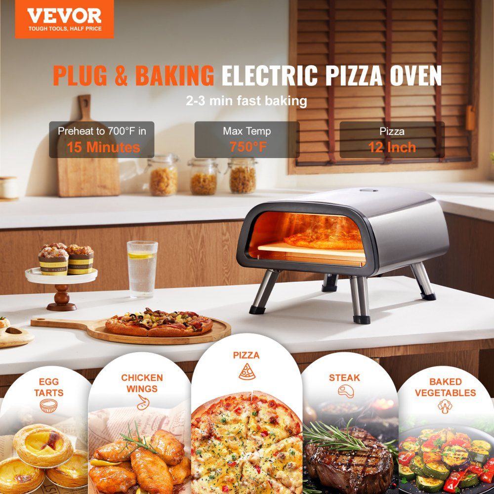 Elektrische pizzaoven, oven 305 mm, roestvrijstalen pizzamaker met pizzasteen, spatel, dubbele knop, verwarmt tot 427°C, multifunctionele pizzaoven voor het bakken van pretzels in een restaurant thuis