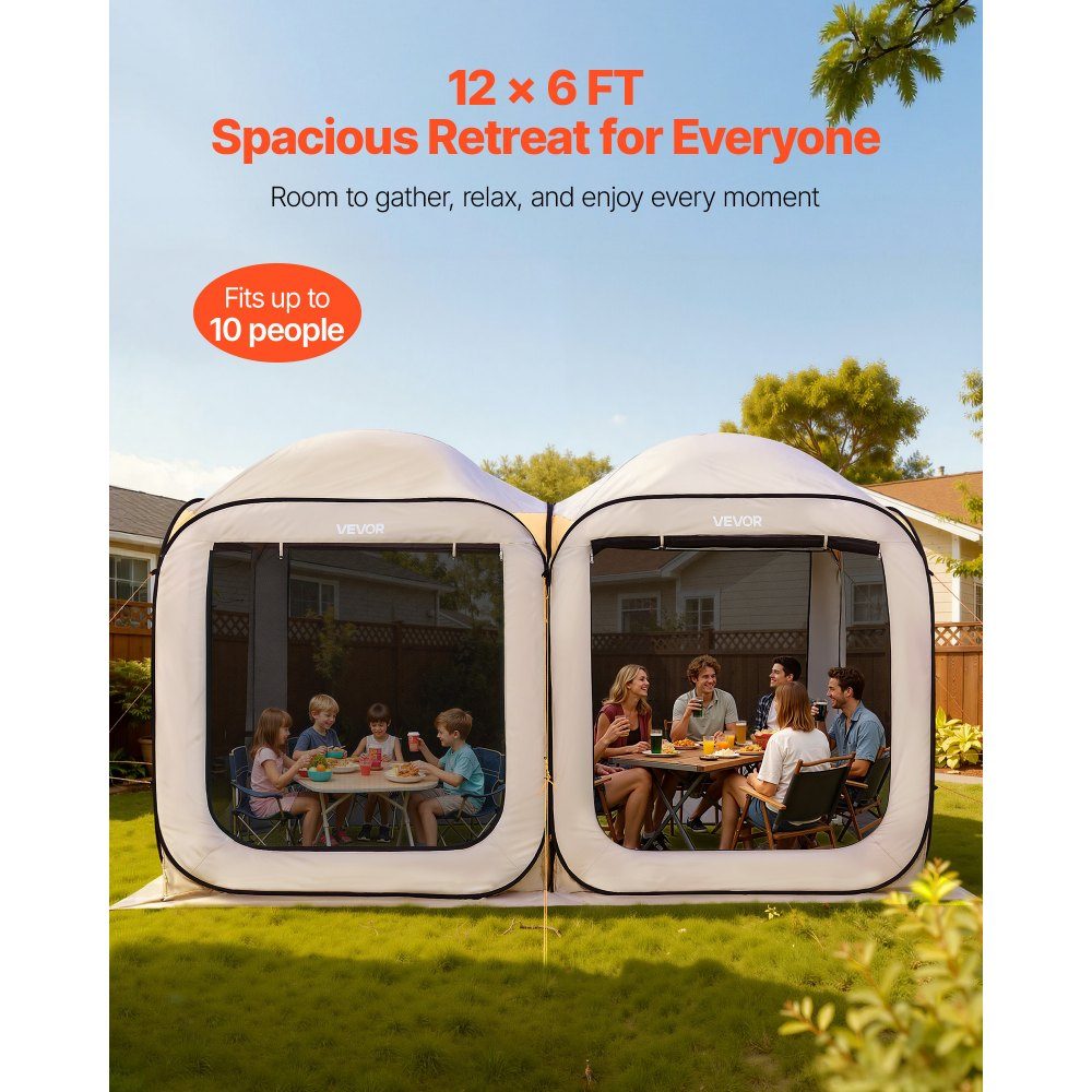Tente de camping 144" x 72" 2 en 1 Tente de fête portable avec sac de transport, parois latérales en maille et piquets de sol pour jardin, terrasse et activités de plein air, Beige