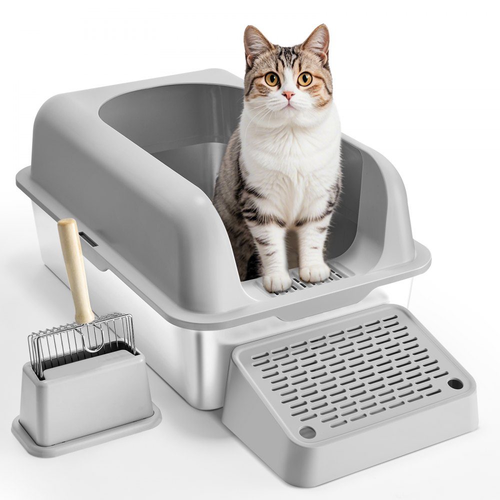 Litter Box 6" Deep XL Extra Large Stainless Steel Litter Box with Scoop Wide Filter Base and High Sides Closed Odor Free Easy Clean Litter Box Suitable for Large Cats