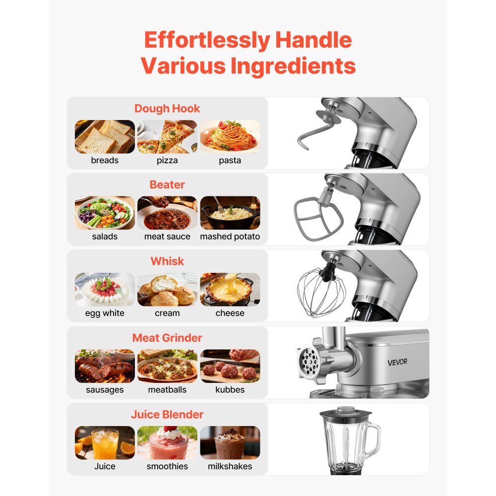 Multifunctional electric food processor 1500 W with stainless steel bowl (6 l) and mixing cup (1.5 l), kneading machine, dough mixer with 6+P speeds, dough hook, whisk and beater