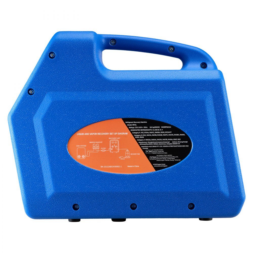 Refrigerant extraction device Portable refrigerant extraction station, 220V/50Hz 1450 rpm. 3/4 HP with single cylinder extraction system for refrigerants A1 and A2L, recovery device for vehicle and home air conditioning systems
