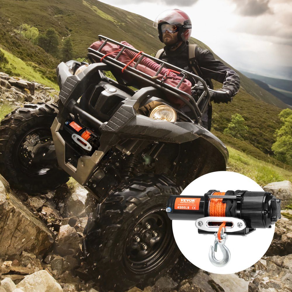 Electric Winch, 2048kg Pulling Force, 12V DC for ATV/UTV, with 12 Strand Synthetic Rope (Φ1/4" x 39ft), Aluminum Fairlead, Remote Controls, IP55 Water Resistance