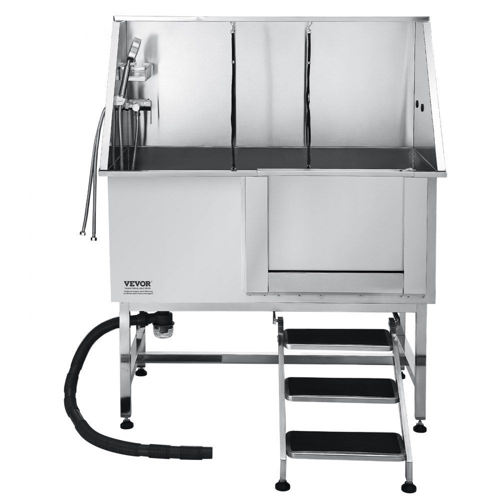 Station de lavage pour chien en acier inoxydable, baignoire de toilettage pour animaux de compagnie, 1270 x 700 x 1545 mm, avec escalier, plaque de filtre à eau en PE, robinet, pomme de douche et porte-savon pour animaux de grande, moyenne et petite taill