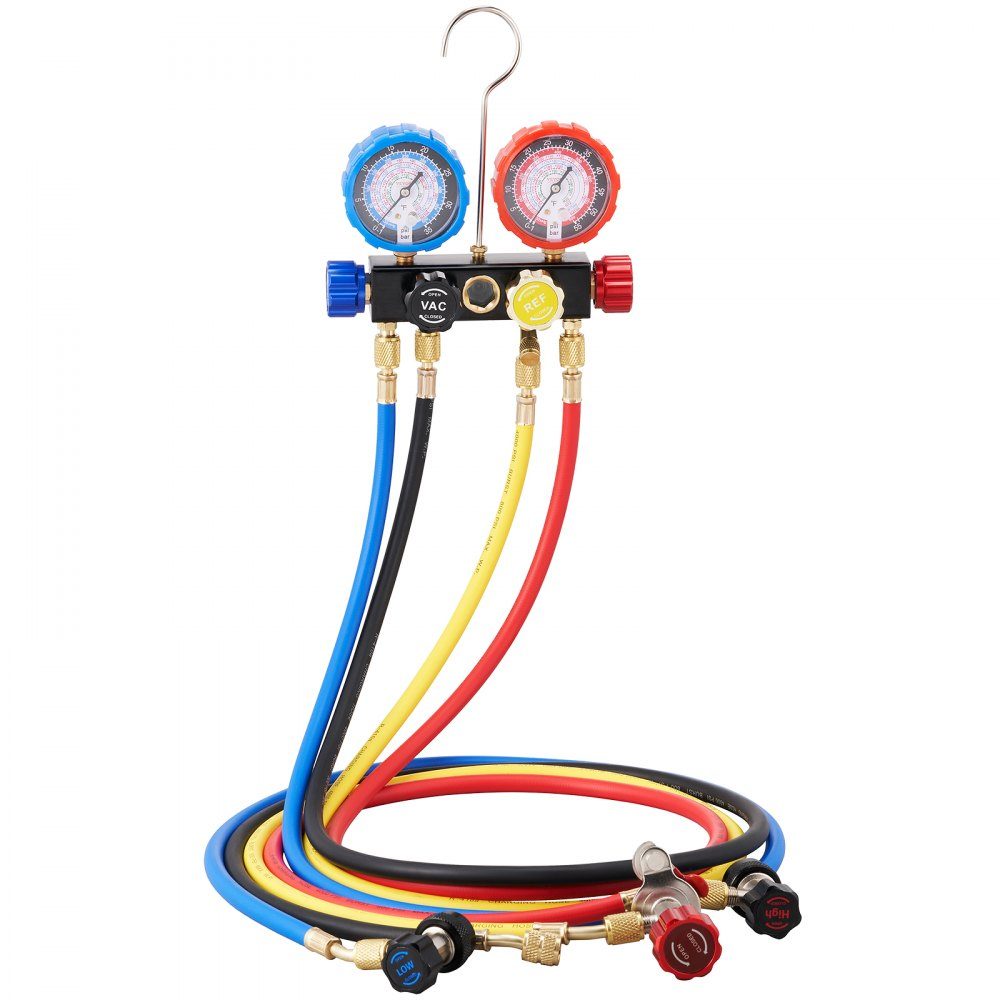 Refrigerant Pressure Gauge 4 Way Car Refrigerant Distributor Gauge Set R134A-R12-R410A-R22 AC 4pcs 1524mm Charging Hoses Refrigerant Distributor Gauge AC Diagnostic Tools Car Air Conditioner