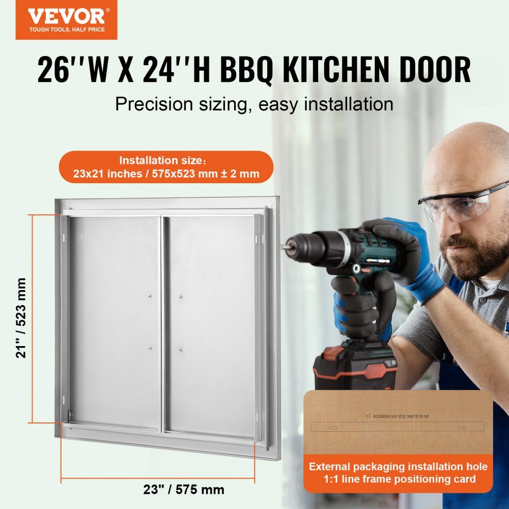 Grill Access Door 660x609mm Double Outdoor Kitchen Door Flush Mount Stainless Steel Door Vertical Wall Door with Handles for Grill Island Grill Station Outdoor Cabinet