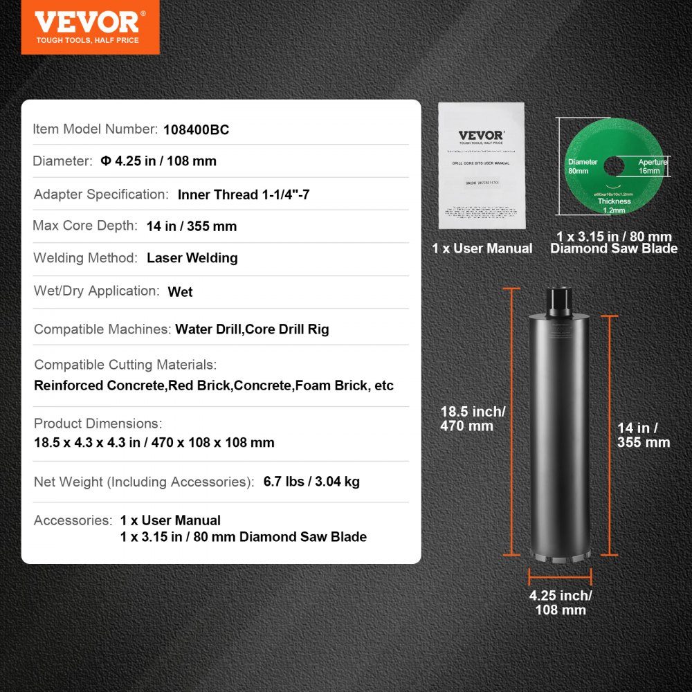 Diamond Core Drill, 108mm Wet Diamond Core Drill, 355mm Drilling Depth, Concrete Core Drill with Saw Blade, 1-1/4"-7 Female Thread, Laser Welding, Diamond Wet Core Drill for Concrete Bricks
