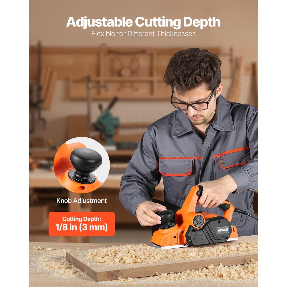 Raboteuse électrique 82 mm Largeur de coupe 900 W 14500 RPM Raboteuse à main pour bois avec profondeur de coupe réglable 2 lames pour le travail du bois Chanfreinage du bois Raboteuse DIY