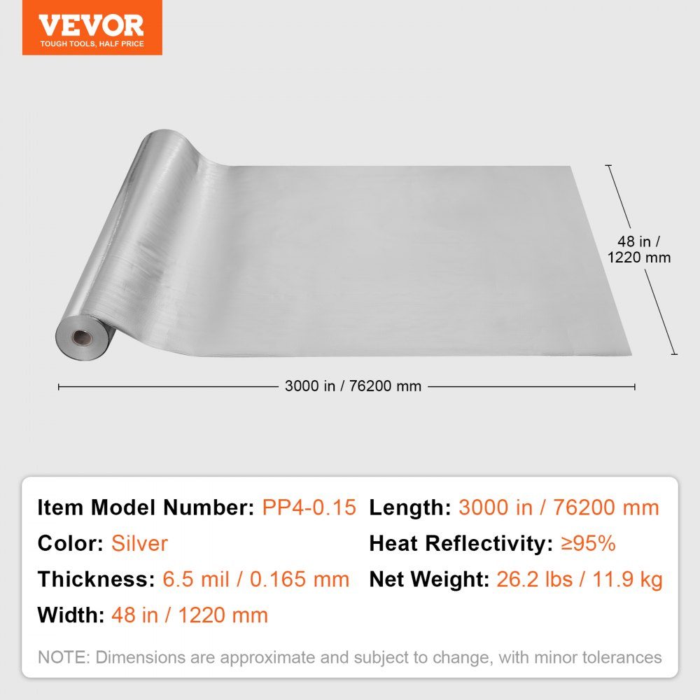 Doppelt reflektierende Isolierrolle, Strahlungsbarriere aus gewebtem Stoff, 6,5 Mil, 48 Zoll x 250 Fuß, wärmereflektierende Abschirmung aus Aluminiumfolie und PE-Gewebe, Wärmedämmrolle für Fenster und Wohnmobildächer