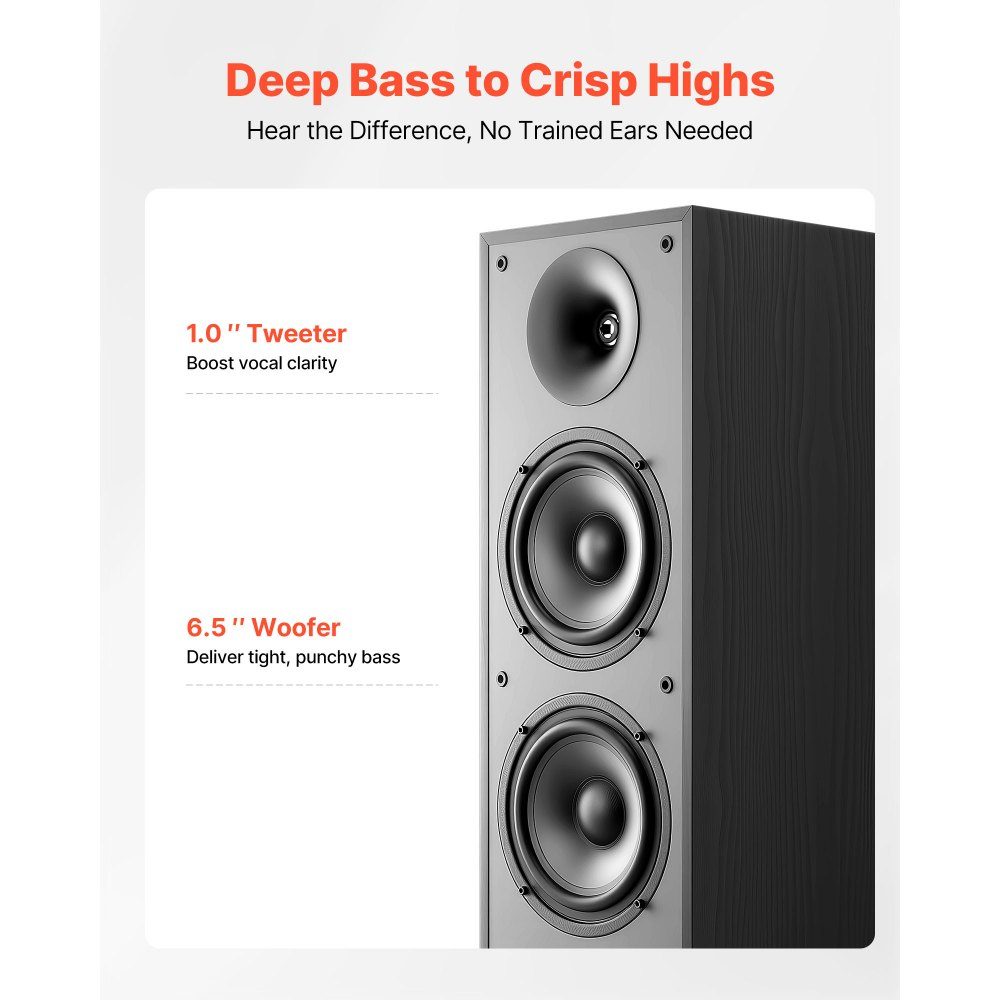 Passive floorstanding speaker pair, 2-way, with 1" tweeter, two 6.5" woofers, 400W peak power, 65Hz-20kHz frequency response, robust MDF housing, for home audio, pair