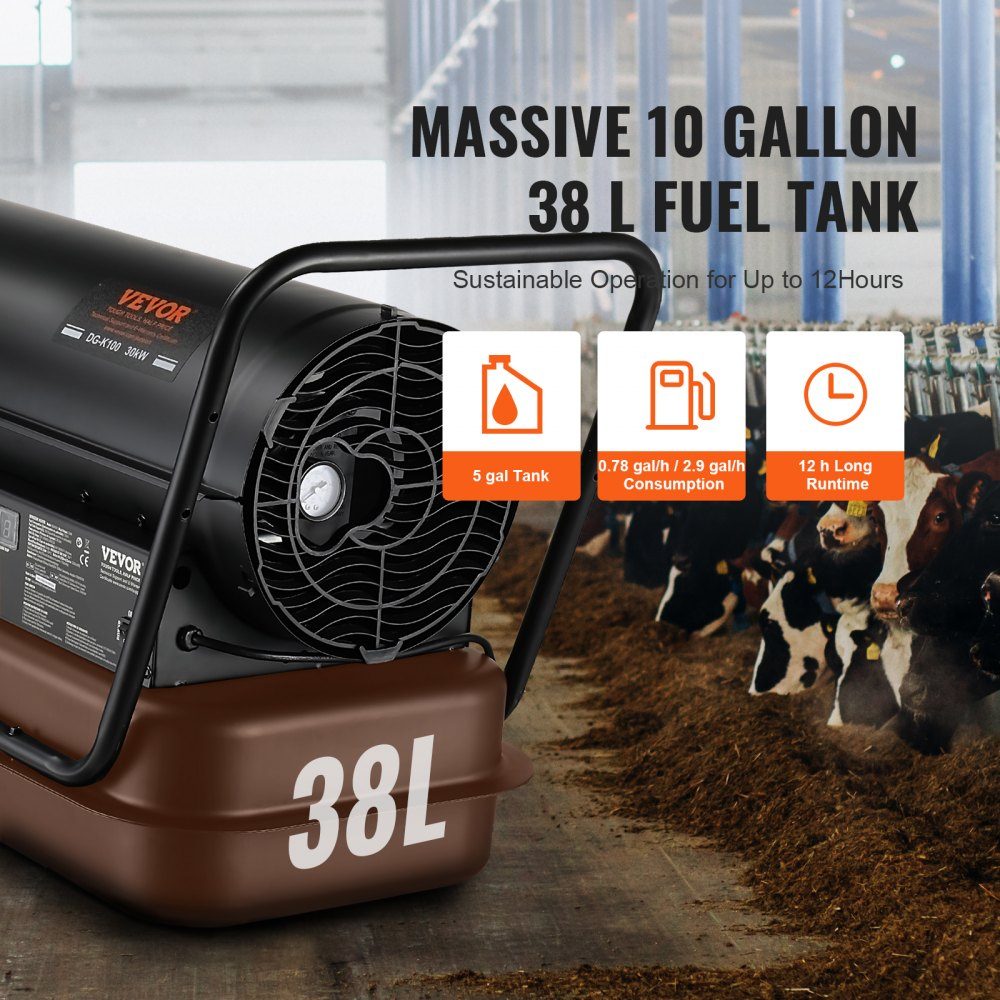 Kerosene/Diesel Hot Air Heater, 100,000 BTU Torpedo Space Heater, Portable with Thermostat Control, 38L Tank, Efficient Indoor Outdoor Kerosene Heater for Home, Construction Site, Industrial, Workshop, Black