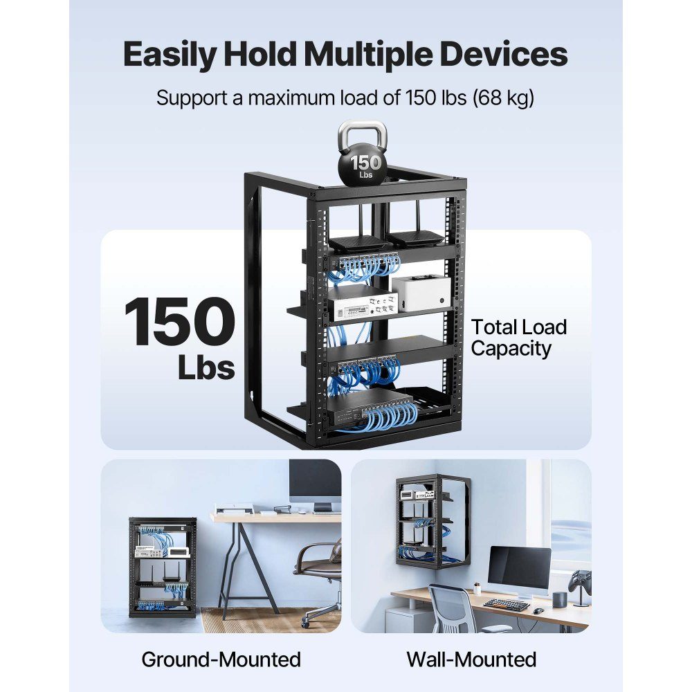 15U-Server-Rack zur Wandmontage, 68 kg maximale Tragfähigkeit, Netzwerk-Rack mit offenem Rahmen und 180-Grad-Torschwenkung, Kohlenstoffstahl, für 482-mm-IT-Netzwerkgeräte und AV-Geräte, Computerserver, Schwarz
