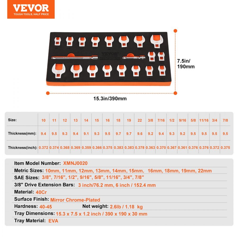 Crowfoot Wrench Set, 9.525mm Drive, 20 Piece Crowfoot Wrench Set with 2 Extension Bars and EVA Tool Organizer, SAE 3/8-2.22cm and Metric 10-22mm, 40CR Material