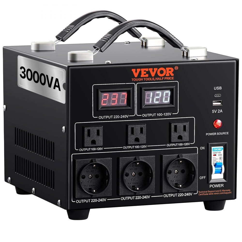 3000 W Spannungswandler-Transformator AC 110 V⇋220 V Transformator-Konverter 3 US NEMA 5-15R 3-polige Ausgangsbuchsen, 3 europäische Shucko-Ausgangsbuchsen, 1 USB-Buchse und 1 Typ-C-Buchse