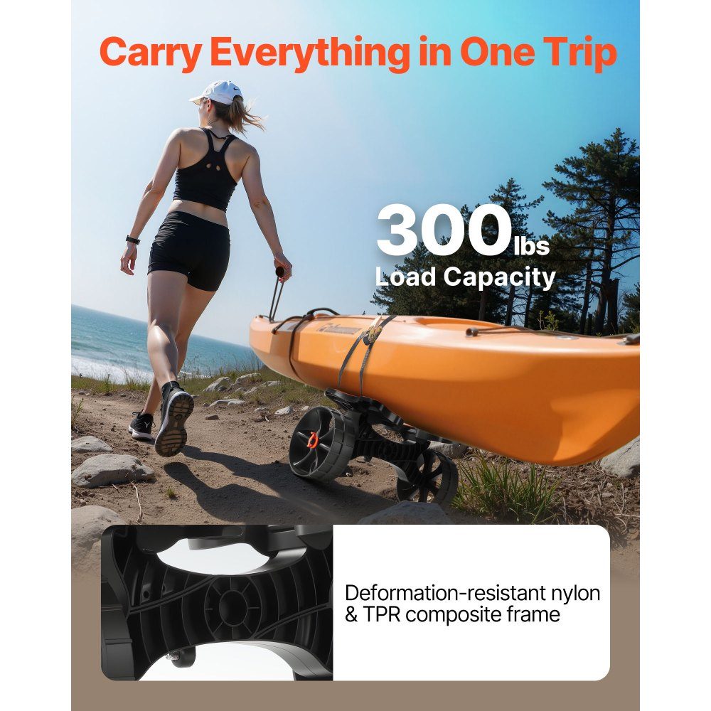 Kayak Trolley, 136kg, Foldable Canoe Trolley with 10" Solid Rubber Tires & 1 Ratchet Strap, Boat Trolley for Transporting Kayaks, Canoes, Paddleboards, Jon Boats, Water Sports Equipment, 615x325x320mm