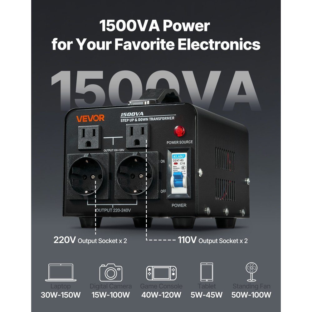 Voltage Converter Transformer, 1500VA step-up/step-down power transformer, 110V to 220V and 220V to 110V conversion, with US and EU sockets, power cord, circuit breaker