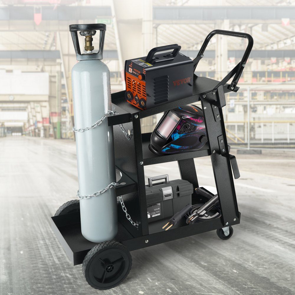 Welding trolley 3 floors Welding mobile max. 168-181 kg. Trolley for welding machines with 2 gas bottle holders. Ideal for manual welding, inert gas welding, argon arc welding