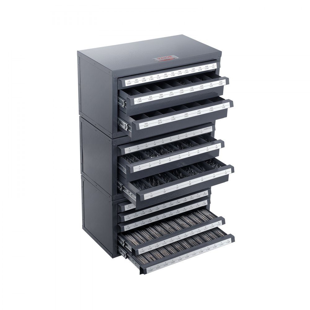 Bohrerspenderschrank, 3-teilig, drei Schubladen für 1,6 mm bis 12,7 mm und Buchstabengrößen A bis Z, Bohrer-Organizer mit fünf Schubladen für Drahtgrößen Nr. 1 bis Nr. 60, stapelbarer Schrank