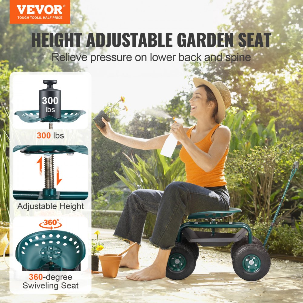 Rollsitz, Werkstattwagen aus Stahl, belastbar bis 136kg, Gartenwagen mit 25cm Griff und 45-54cm höhenverstellbarem Sitz, Rollwagen, 30PSI Reifendruck, Arbeitssitz, Gartensitz, grün Rollsitz, Werkstattwagen aus Stahl, belastbar bis 136kg, Gartenwagen mit 25cm Griff und 45-54cm höhenverstellbarem Sitz, Rollwagen, 30PSI Reifendruck, Arbeitssitz, Gartensitz, grün