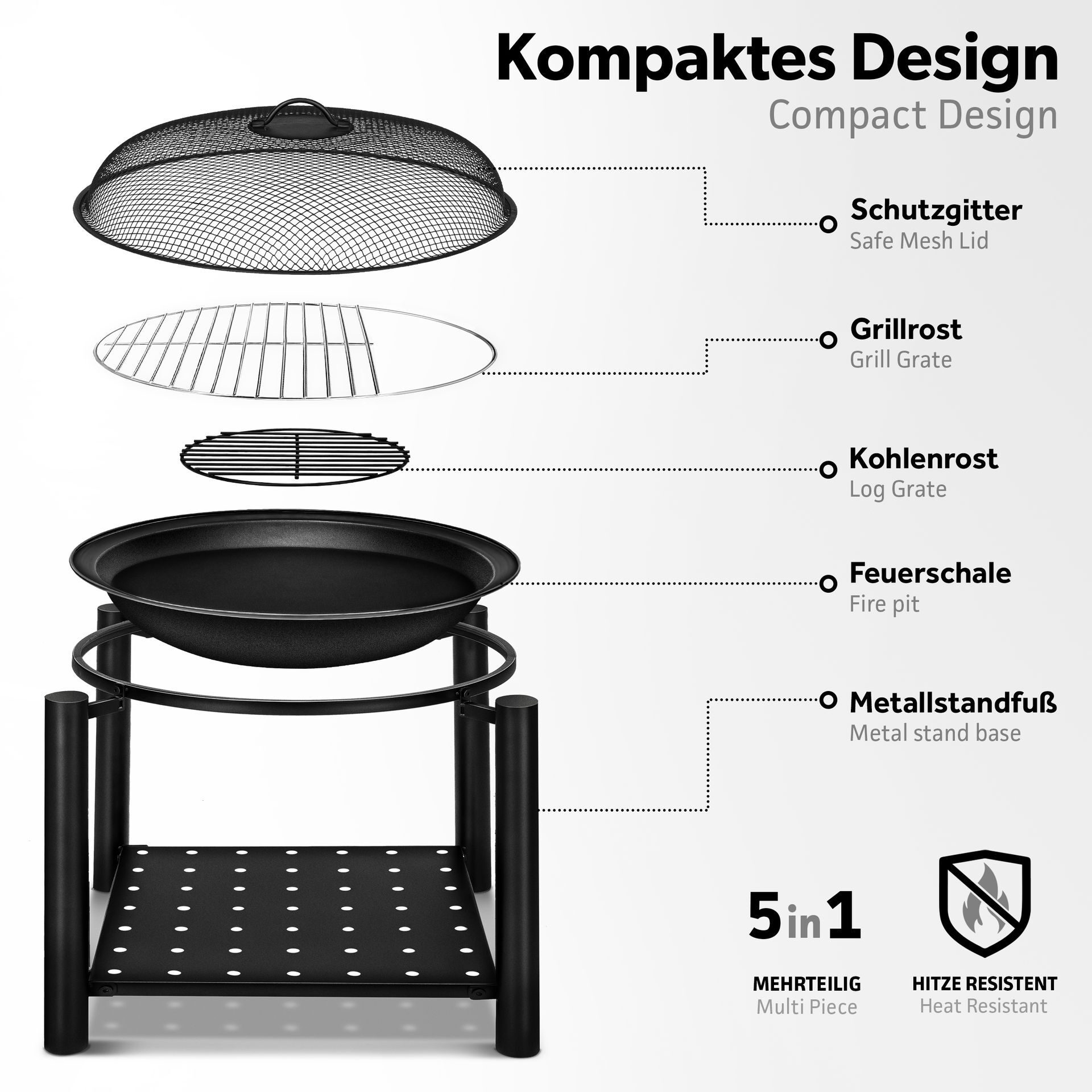 Starterset Feuerschale mit Funkenschutz 3-in-1 Grill Feuerstelle BBQ Feuerkorb Garten