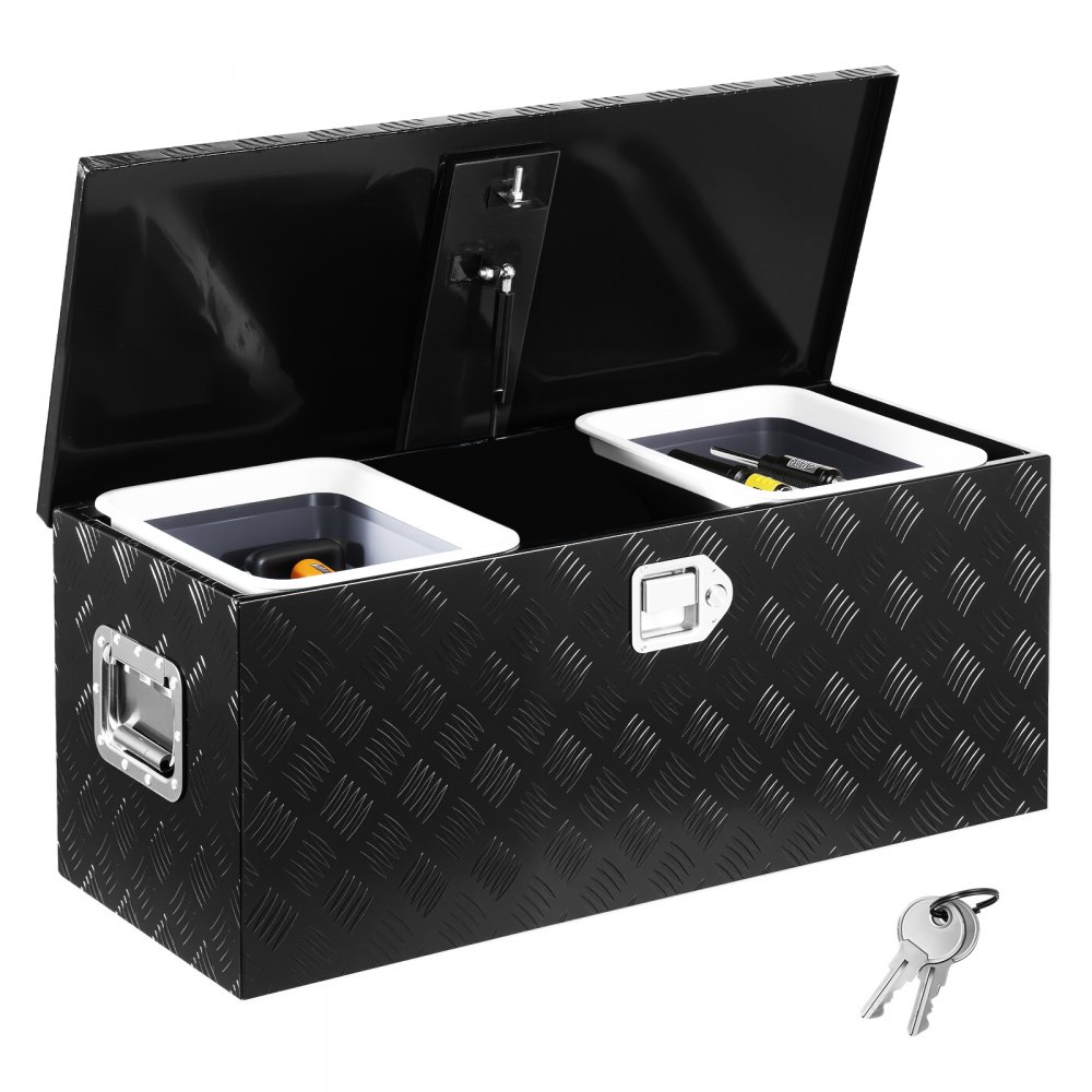 Aluminium vrachtwagenbed gereedschapskist Gestreepte gereedschapskist (899 x 370 x 370 mm) met zijhandgreep en uittrekbare plank Traileropslag Organizer Zwart