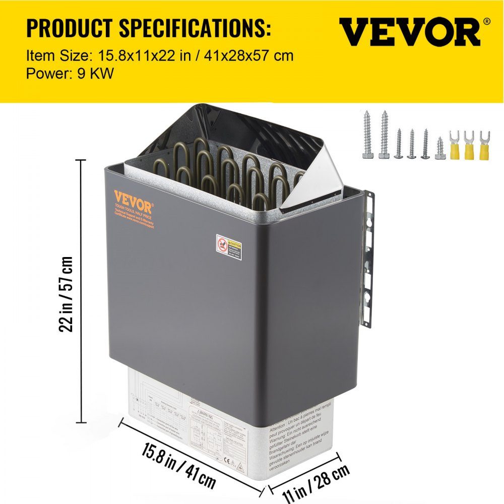Saunaofen 9 KW, Sauna-Elektroherd 380 V – 415 V, Edelstahl-Saunaofen, elektrischer Saunaofen 2 Modi (Temperatur, Zeit), mit externem Steuergerät & 3M-Temperatursensor (Saunastein nicht im Lieferumfang enthalten)