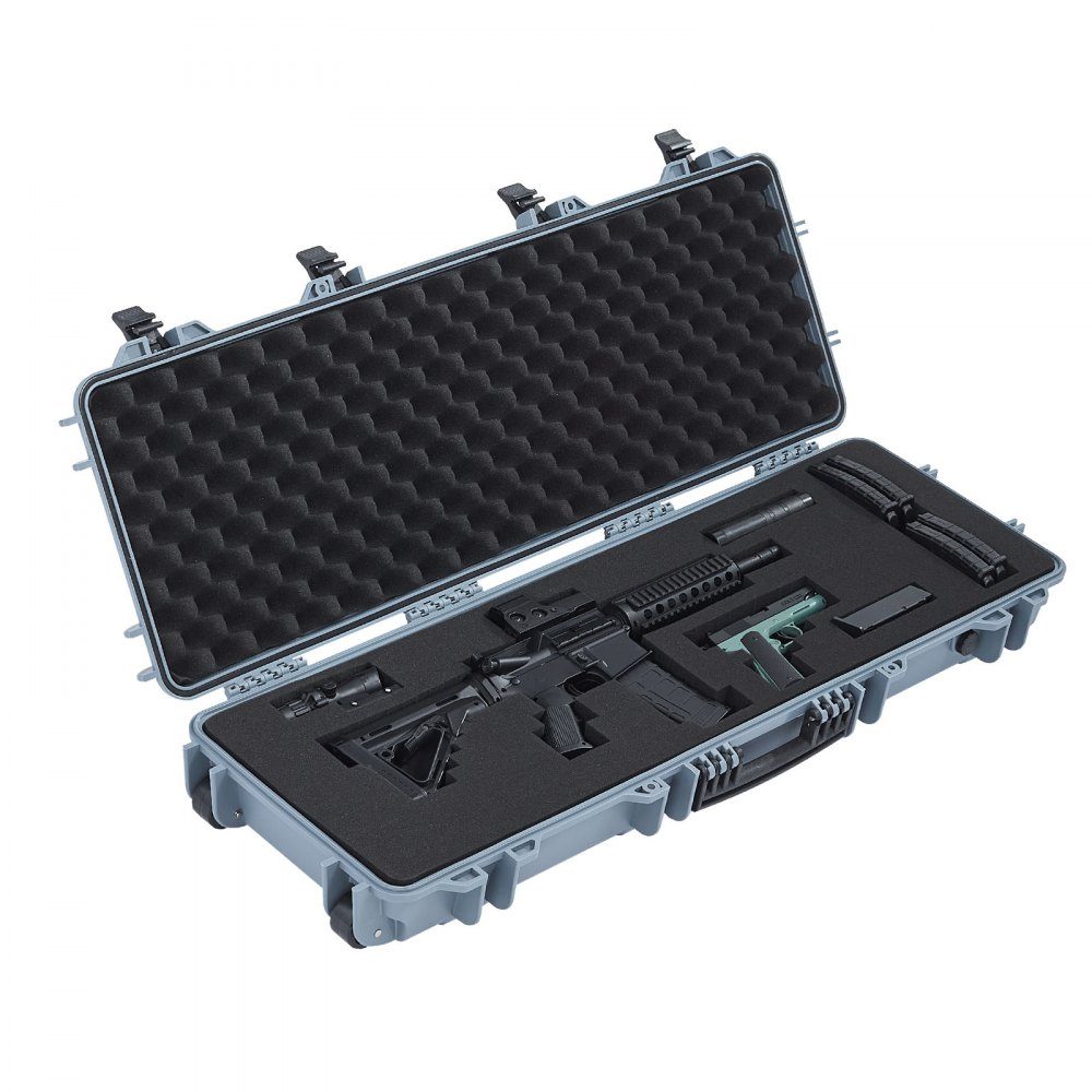 Waffenkoffer mit Hartschale für Langwaffen, abschließbarer Waffenkoffer mit vorgeschnittenem Schaumstoff, Langwaffenkoffer, Waffenaufbewahrung, rollbar, IP67 wasserdicht, 108,9 x 39,2 x 15,5 cm grau