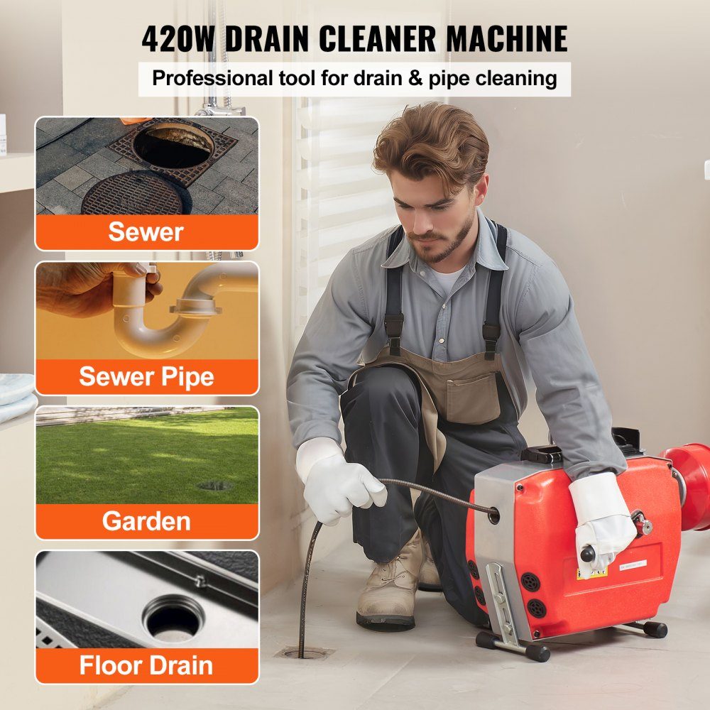 120ft x 7/8" Pipe Cleaning Machine, 420W Electric Pipe Cleaning Cable with Manual Feed - with 6 cutters, 2 steel cables (120ft x 7/8" and 18ft x 3/8") and CW/CCW control for 1.9" to 6" pipes