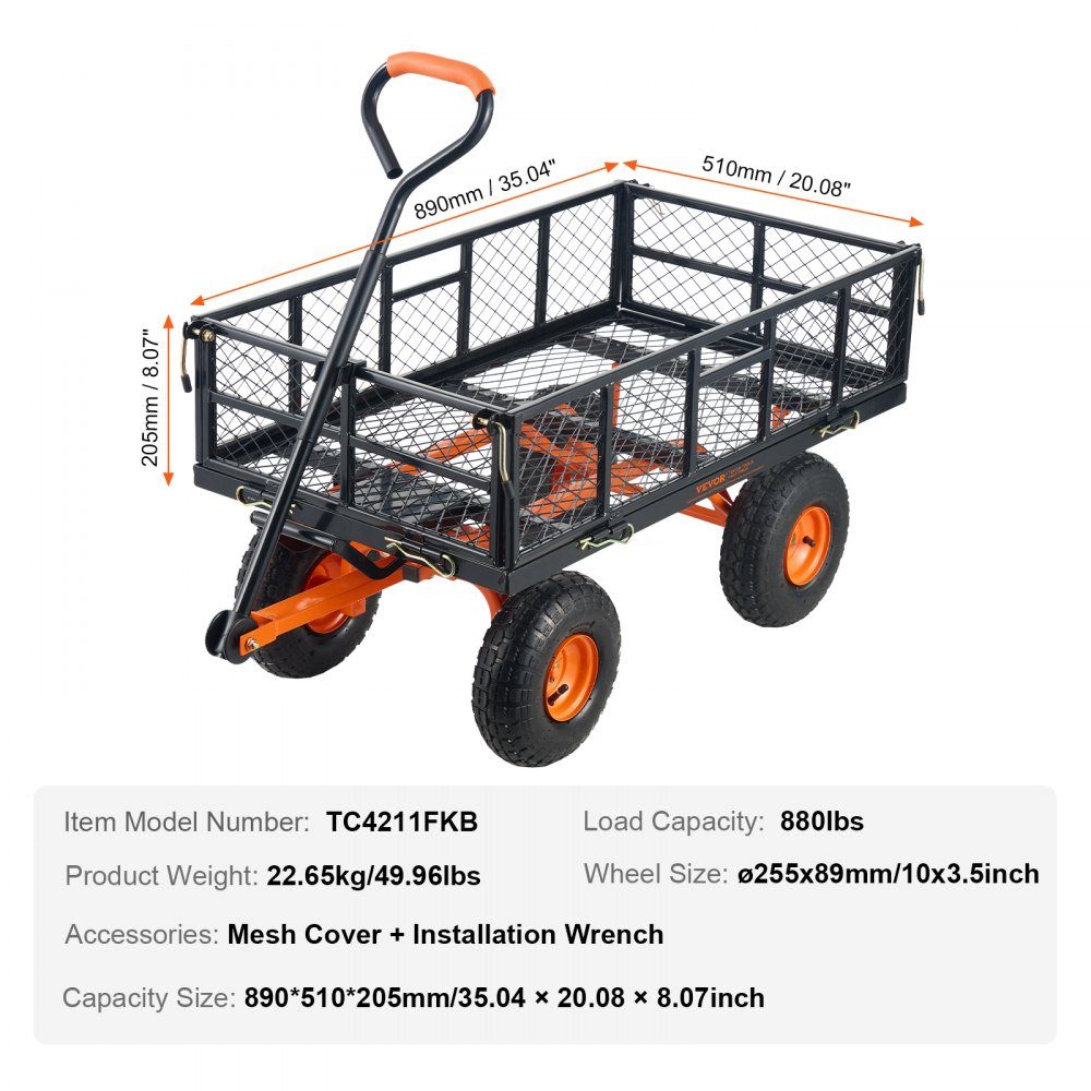 Chariot de jardin, chariot de jardin en métal avec cadre facile à assembler, chariot à main inclinable avec poignée convertible 2 en 1, brouette polyvalente avec capacité de charge de 400 kg, pneus de 10"