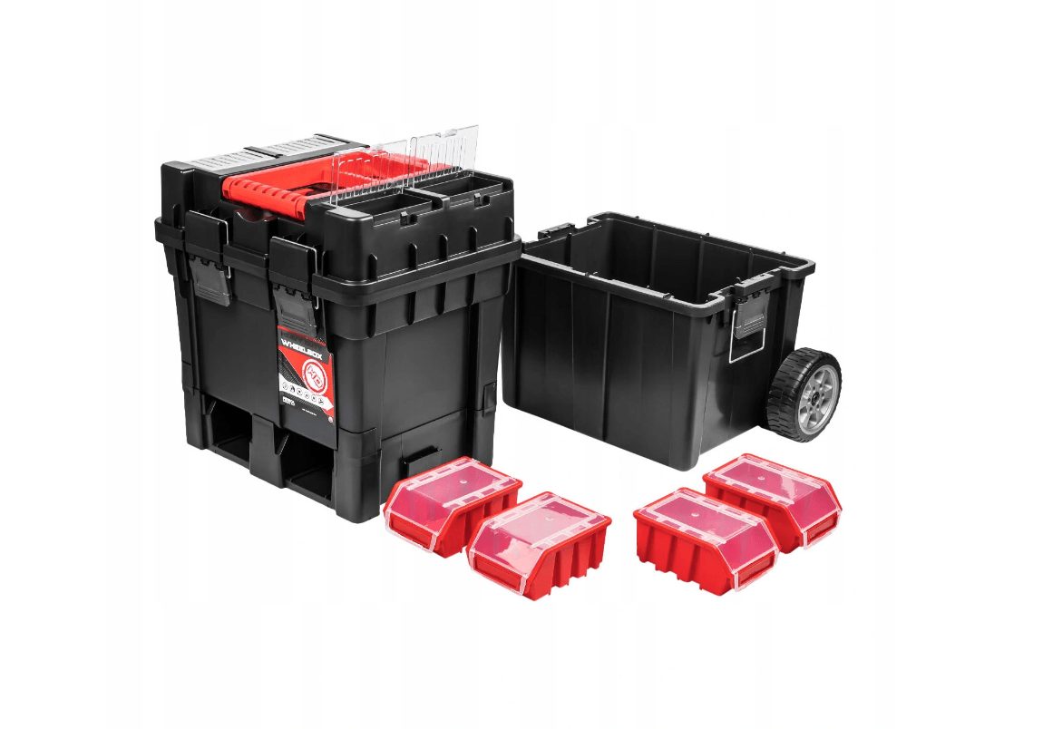 Atelier enroulable, deux coffres à outils utilisables séparément, plastique robuste, deux éléments, attaches métalliques, organiseur)