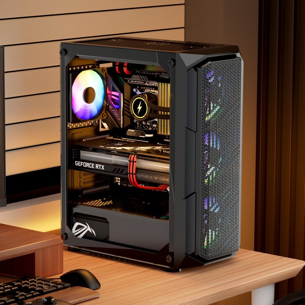 PC Gaming Case, Mid-Tower, High Airflow Tempered Glass Panel, Dust Filter, 4x 120mm ARGB Fans, Cable Management, for GPUs up to 320mm Length, for ATX / M-ATX / ITX